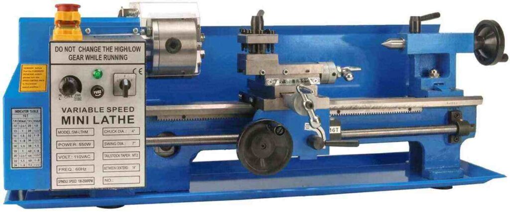 "Blue colored Erie Tools 7 x 14 mini metal milling lathe in a white background"