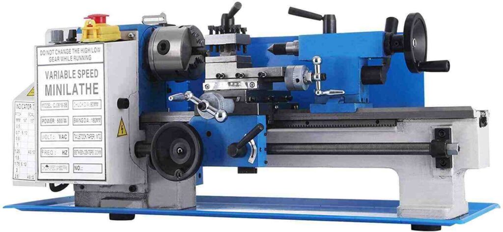 "Blue body, white leg Mophorn 7 x 12 Inch Metal Lathe in a white background"