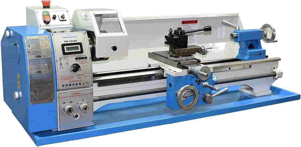 "Blue and white colored PM 1030V Precision Matthews 10x30 Metal lathe in a white background"