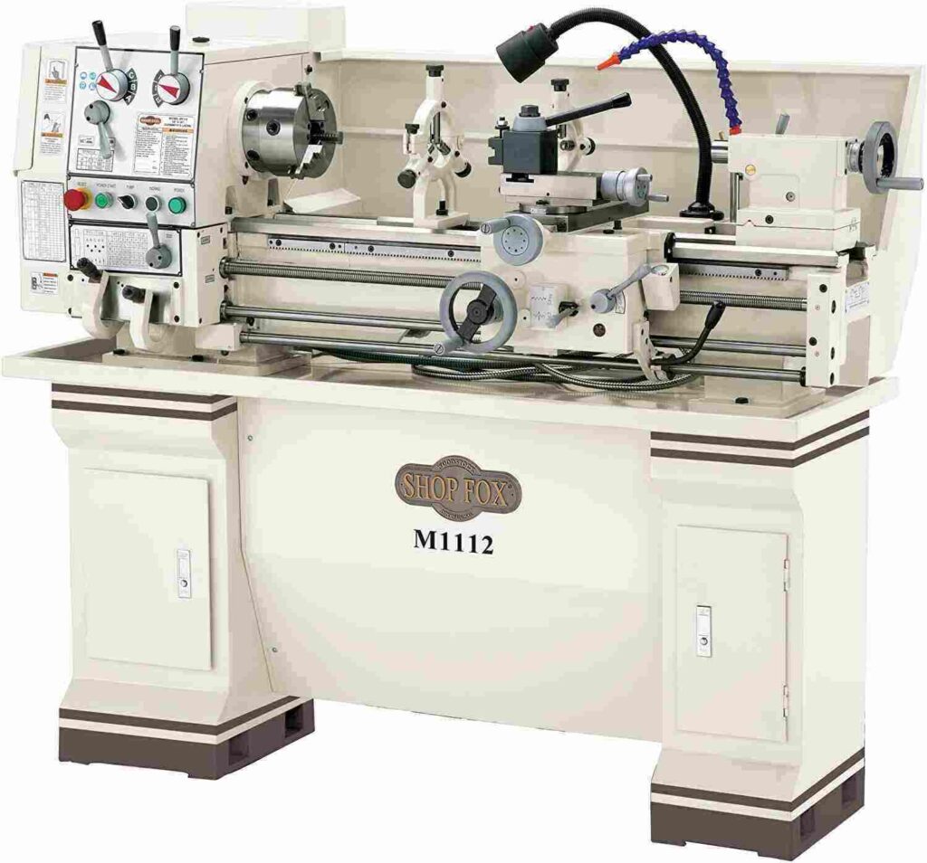 "Full white colored Shop-Fox-M1112-metal-lathe in a white background"