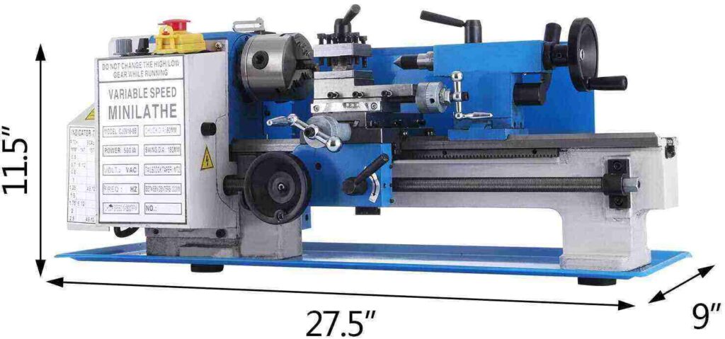 "Blue and White colored BestEquip 7 x 4 metal lathe with size detail in a white background"