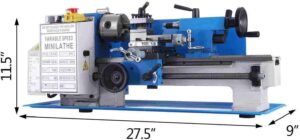 "Overall best metal lathe Blue and White colored BestEquip 7 x 4 metal lathe with size detail in a white background"