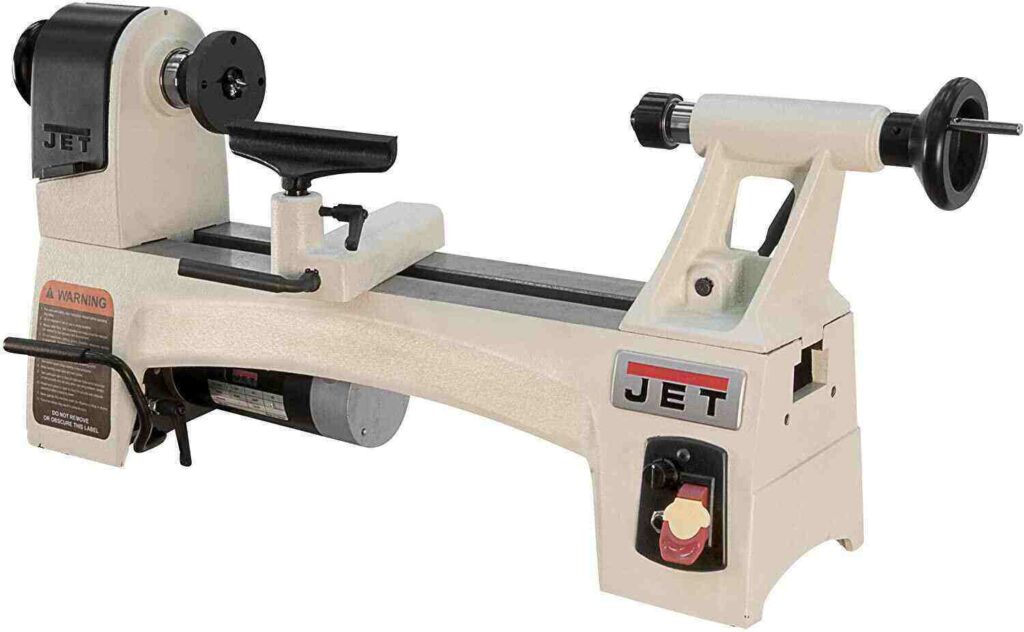 "Mat white colored jet jwl 1015vs mini wood lathe in a white background"