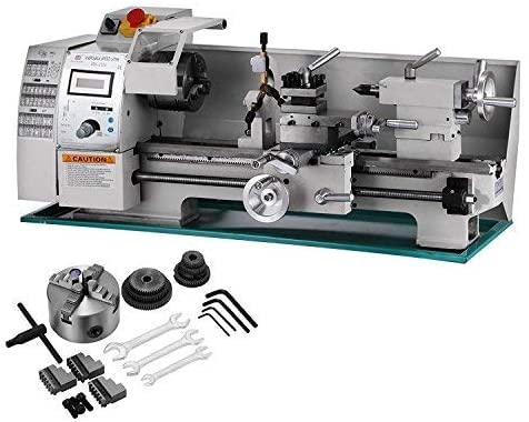 "A silver and green color bed BestEquip 8x16 inches Metal Lathe with it's accessories in a white background"