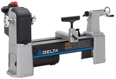 "Black and light ash colored Delta-46-460 Lathe, facing front in a white background"