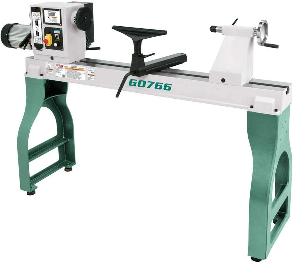 "Green leg and White bed Grizzly G0766 lathe in a white background"