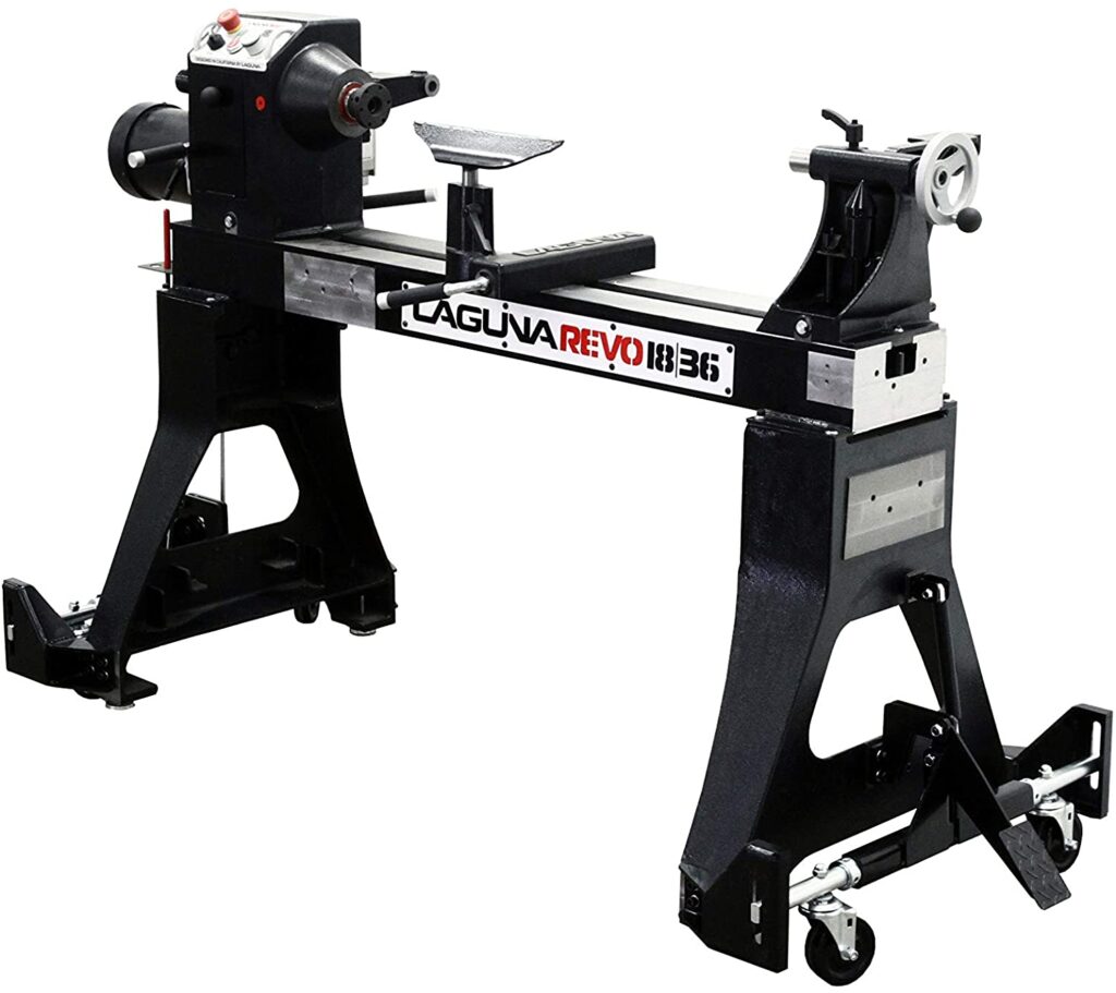 "Full black colored Laguna-1836 Wood full-size wood lathe in a white background"