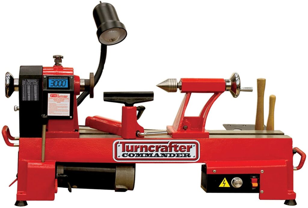 "Full red colored PSI-Turncrafter-1018 mini wood lathe in a white background"