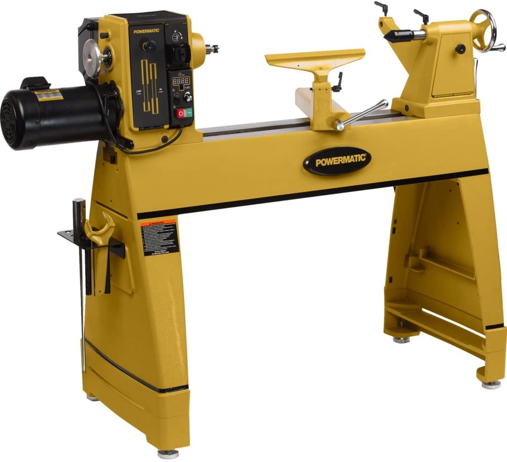 "Glossy Yellow colored Powermatic 3520 lathe in a white background"