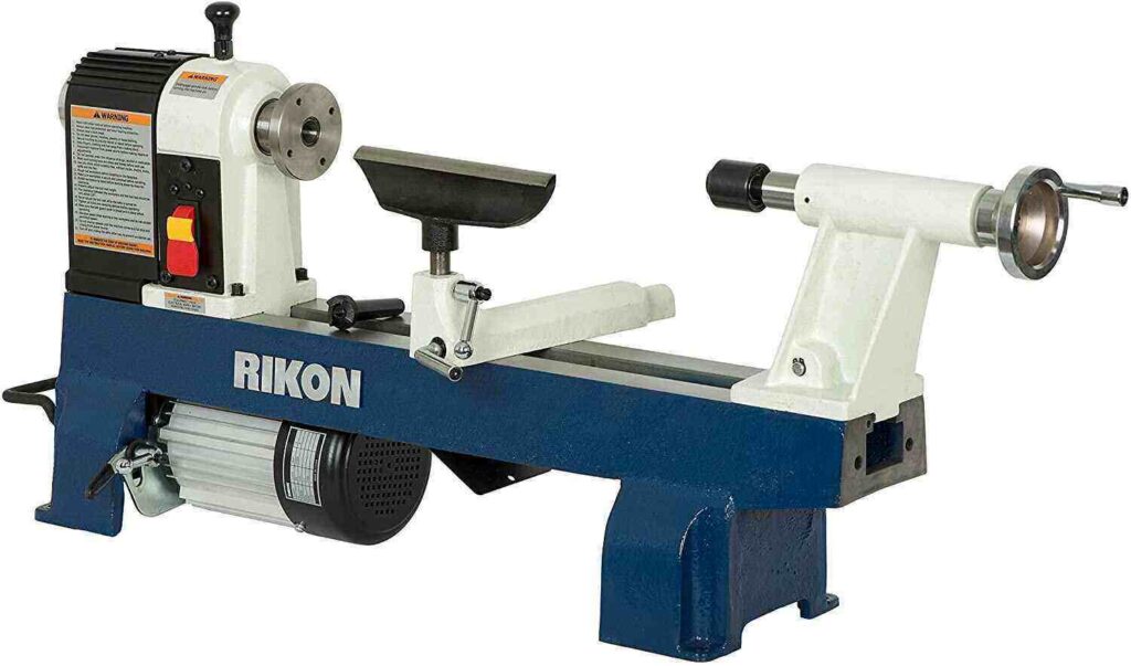 "Blue and white colored Rikon-70-100 midi lathe in a white background"