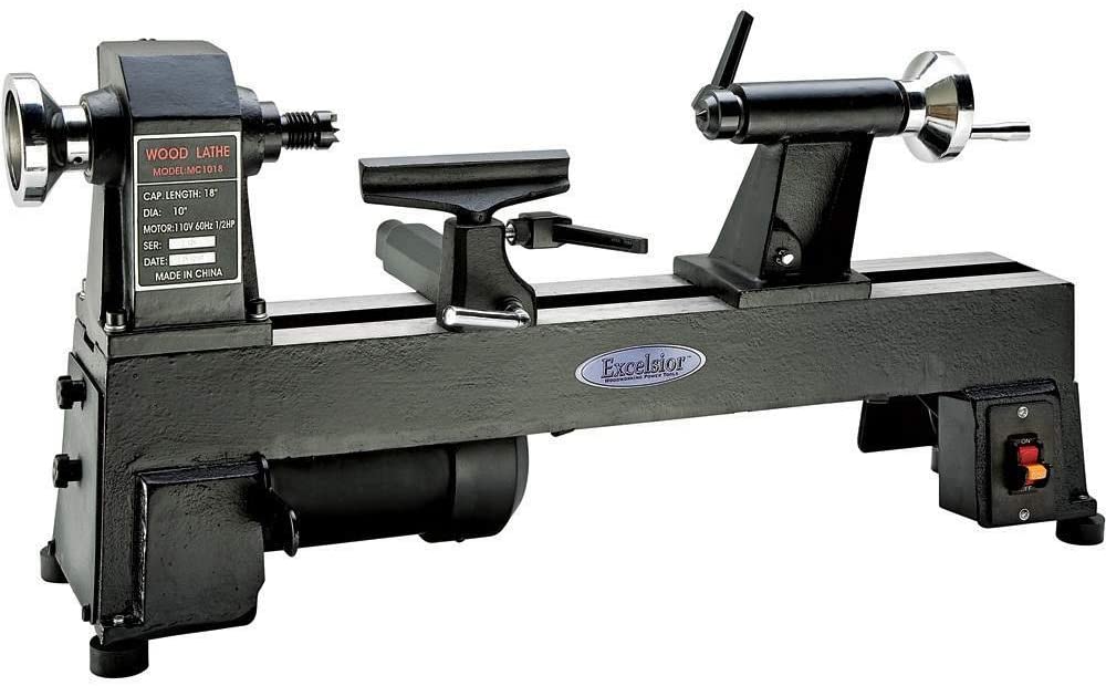 "Full black colored Excelsior Mini Wood Lathe by Rockler brand in a white background"