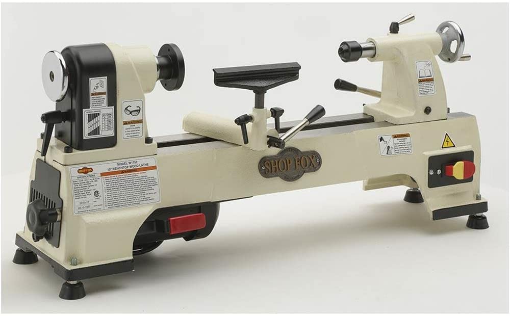 "Mat white colored Shop-fox-W1752-mini-wood-lathe in a white background"