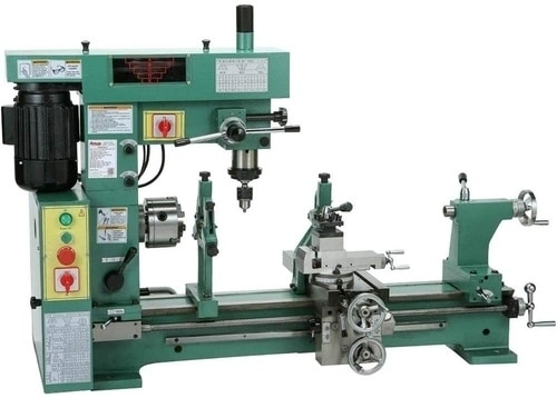 "A green colored combination of lathe and milling machine in a white background"