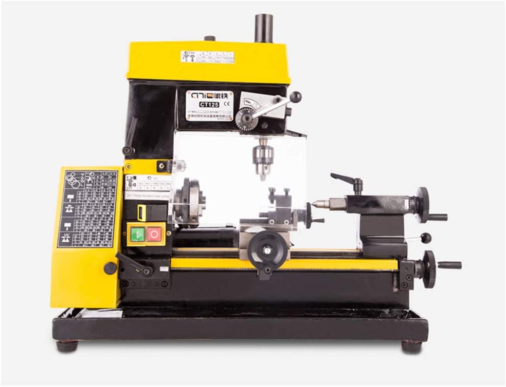 "A black and yellow colored Hengwei Desktop  combination of Lathe and milling machine in white background"