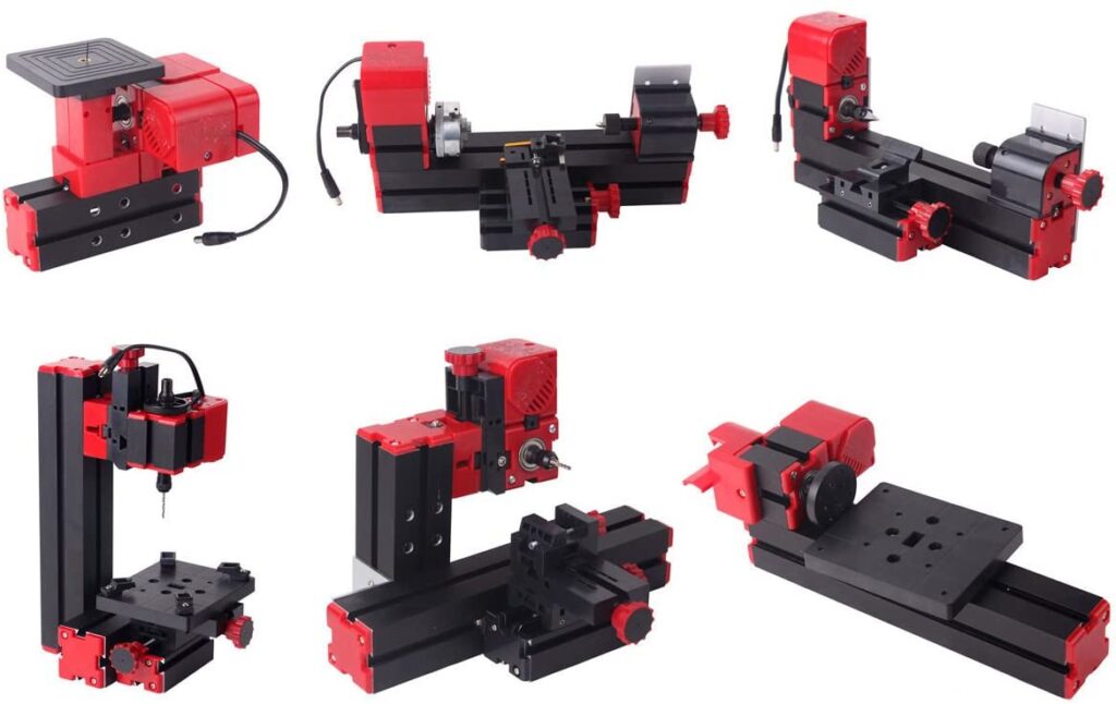 "black and red colored 6 in 1 mini multipurpose best combination lathe in a white background"