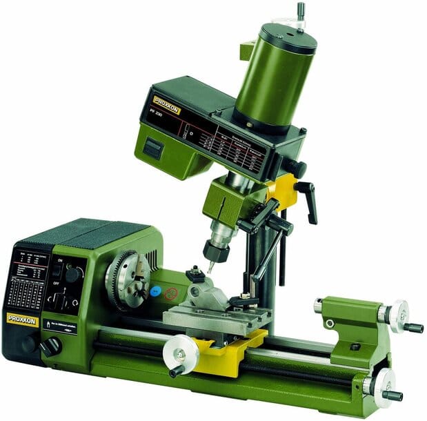 "A green colored benchtop lathe mill combo in a white background"