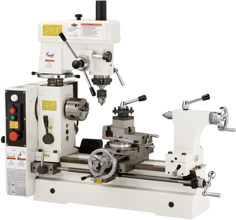 "A white colored lathe and milling machine combo in a white background" 