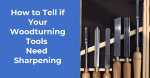 post title text in white on blue background next to picture of set of HSS woodturning tools sharpening